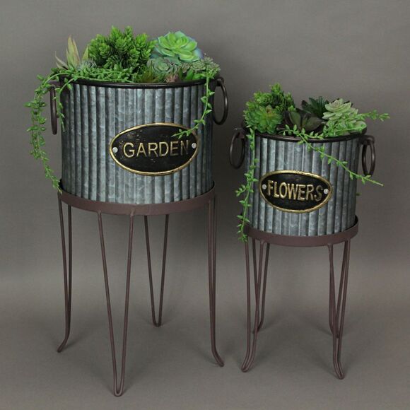 Set of 2 Rustic Galvanized Metal Round Flower Pot Garden Planters With Stands - Picture 6 of 7